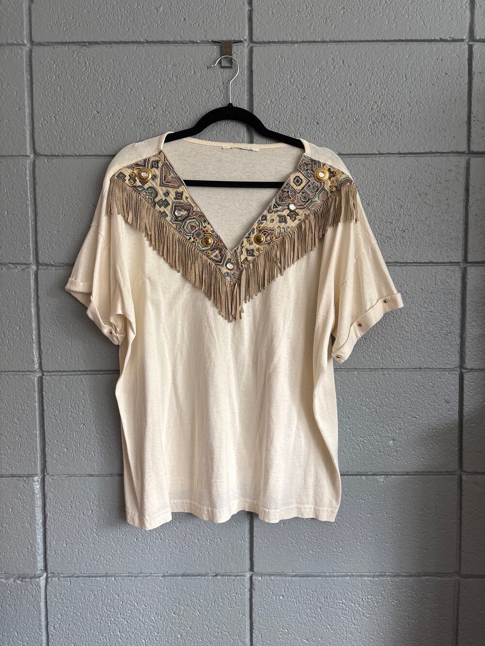 Vintage South Western Studded Embroidered V-Neck Fringe T-Shirt O/S